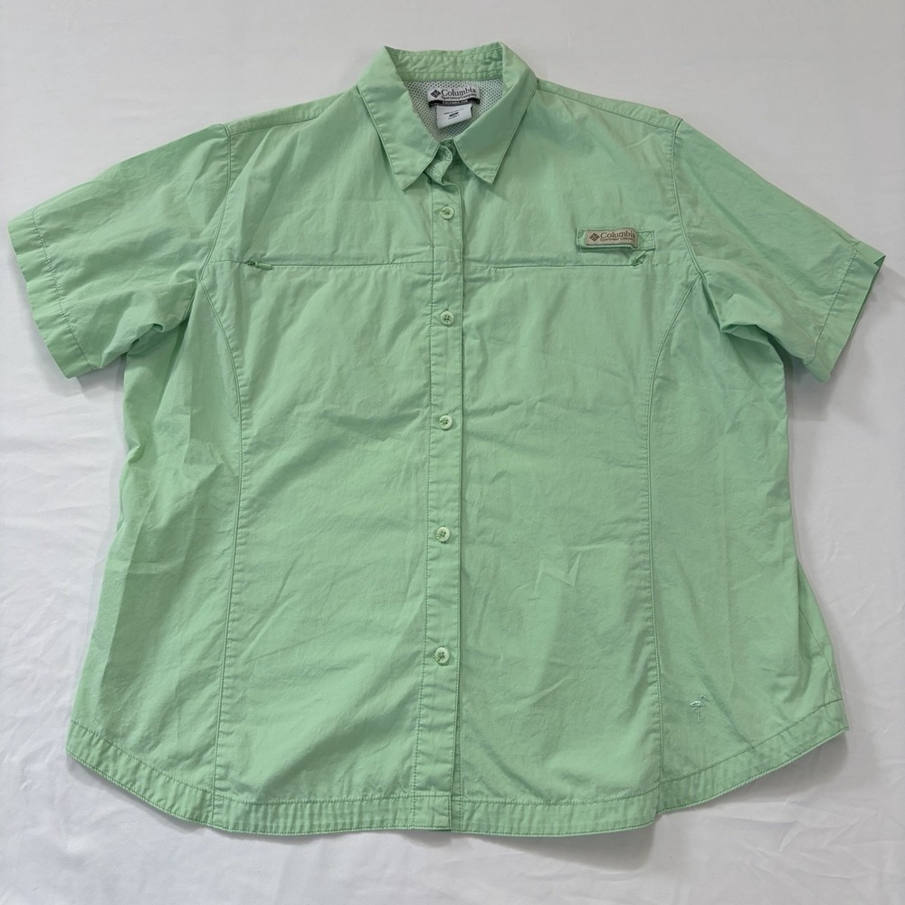 Columbia Womens Plus 1X Green Solid Collared Short Sleeve Button-Up Excellent